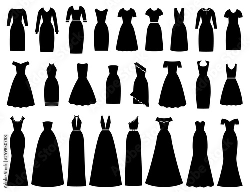 Dress icon for women. Vector. Evening, cocktail, business dresses. Black silhouette apparel set isolated. Collection girl clothing. Female textile garment on white background Illustration, flat design