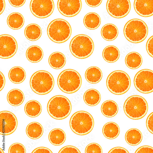 seamless pattern. Slices of orange isolated on white background. Flat lay, top view. Summer fruit composition, texture fresh citrus.