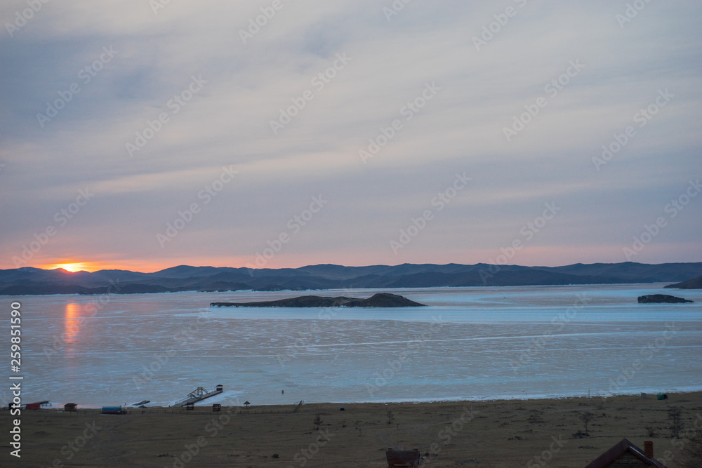  Big Toyunak Island at sunrise, Baikal Mountains, lake, ice, hummocks