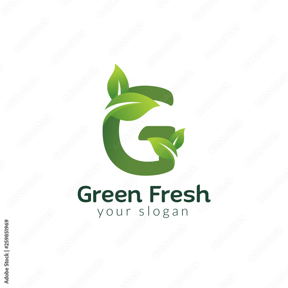Fototapeta premium Eco green letter G logo design template. Green alphabet vector design with green and fresh leaf illustration.