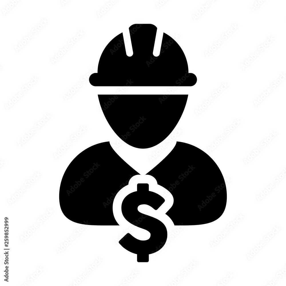 Industry worker icon vector male person profile avatar with currency money symbol and hardhat helmet in flat color glyph pictogram illustration Industry worker icon vector male person profile avatar with currency money symbol and hardhat helmet in flat color glyph pictogram illustration