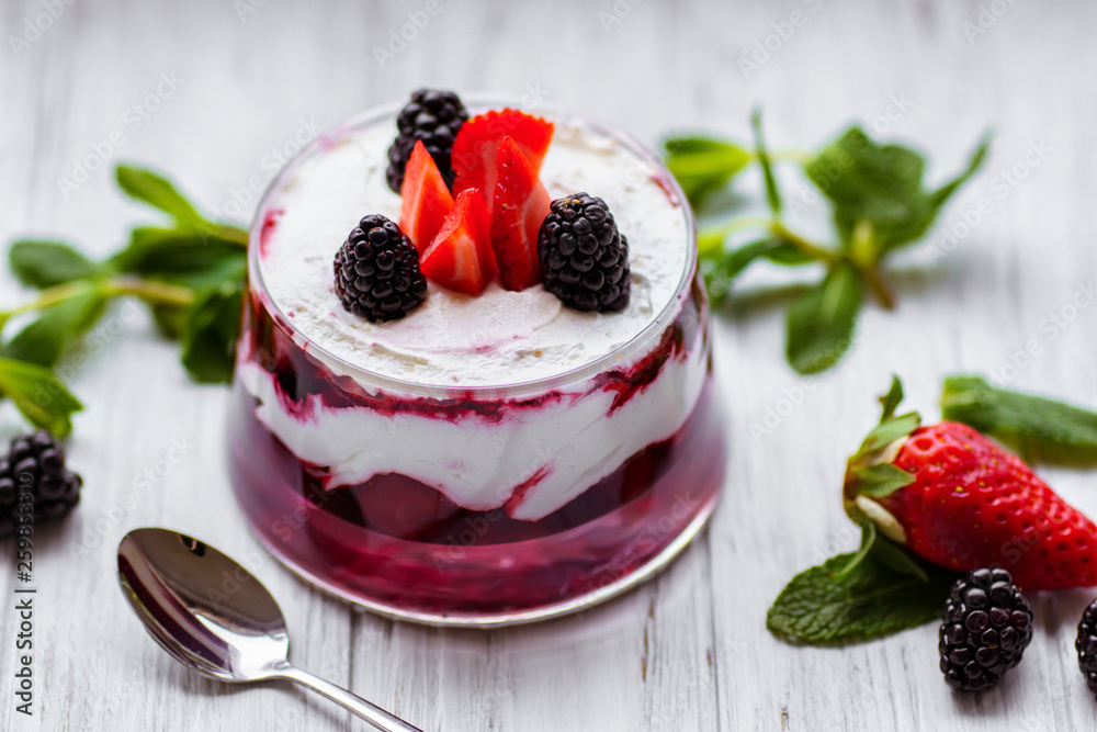 berry trifle, layered mouse in portioned glass jar berry trifle, layered mouse in portioned glass jar