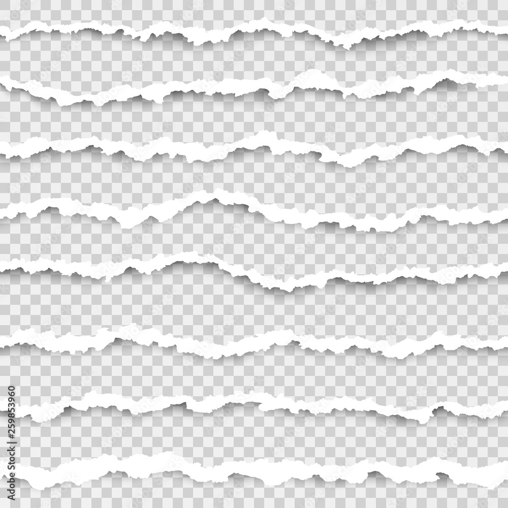 Set of torn paper stripes. Abstract paper texture with damaged edge. Vector illustration isolated on transparent background Set of torn paper stripes. Abstract paper texture with damaged edge. Vector illustration isolated on transparent background