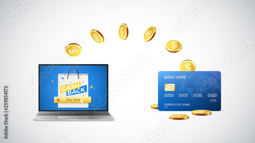 Cashback concept. Golden Coins return to credit card after buying things online. Online shopping with cashback. Vector photo