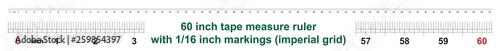 60 inch tape measure ruler with 1/16 inch markings. Imperial grid.