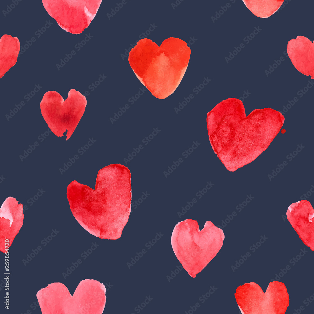 Watercolor brush hearts on dark background. Seamless pattern. Fashion abstract print. Trendy vector illustration.