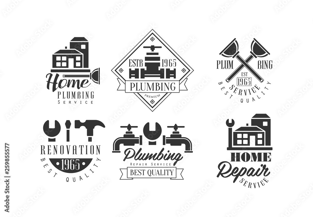 Original monochrome emblems for plumbing and home renovation services. Vector logos with buildings, working tools and water taps