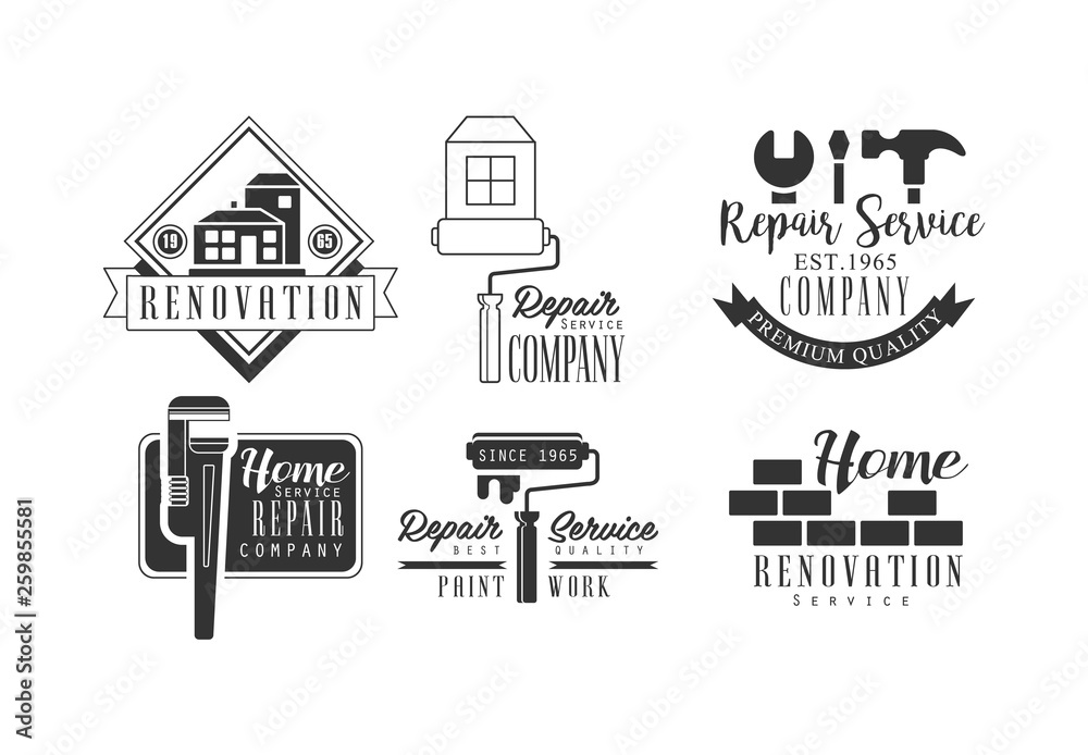 Set of creative logos for repair services. Monochrome vector emblems for companies of home renovation and paint work