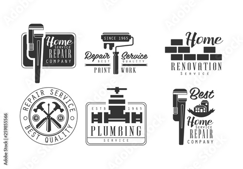 Vector set of black and white logos for plumbing and home renovation services. Monochrome emblems for house repair and paint work company