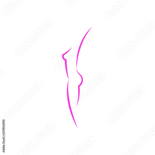 Body of lady logo for spa salon, abstract female slim figure in thin pink lines, subtle silhouette of nude young woman side view