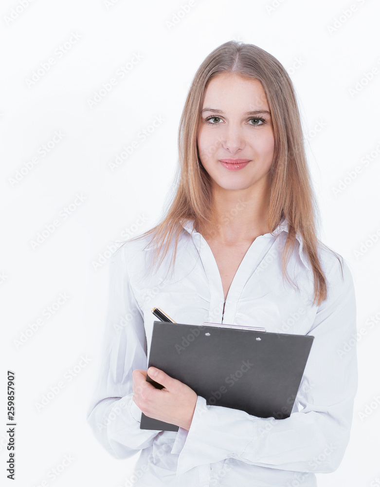 Executive business woman with documents .isolated on white Executive business woman with documents .isolated on white