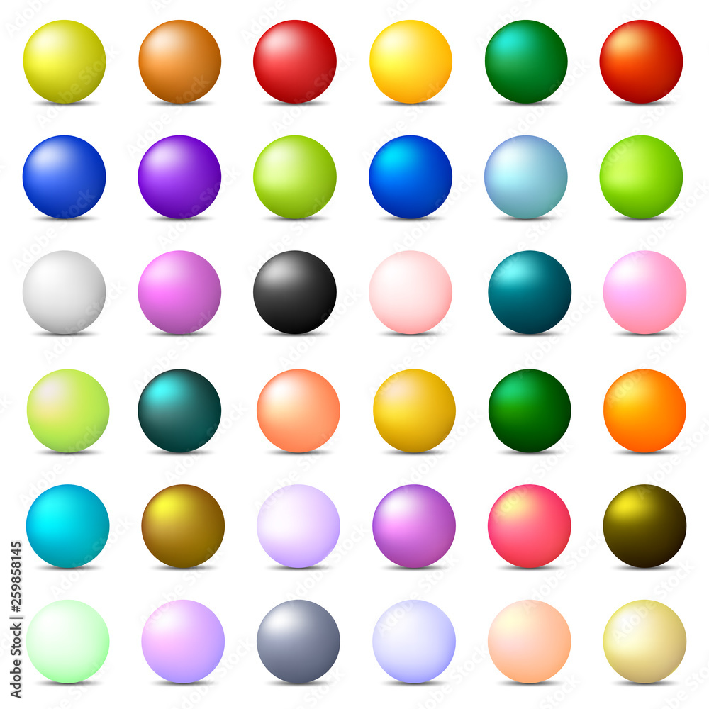 Collection of 36 Colorful Realistic Spheres isolated on white background. Glossy Shiny Balls. 3d Colored Balls and Spheres. Vector Illustration for Your Design, Web.