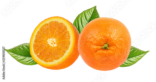 Fototapeta Naklejka Na Ścianę i Meble -  Juicy orange  with leaves isolated on white background with clipping path