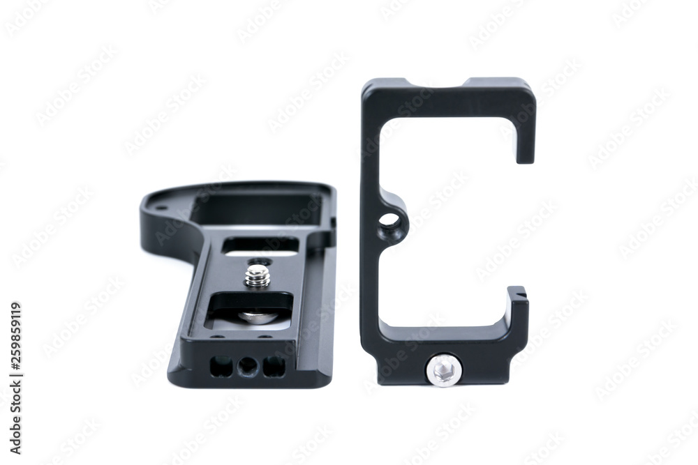Side view of L Plate for camera isolated on white background. Black Camera L-Plate isolated Side view of L Plate for camera isolated on white background. Black Camera L-Plate isolated