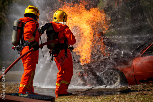 Firefighters are fighting fire with a fire brigade