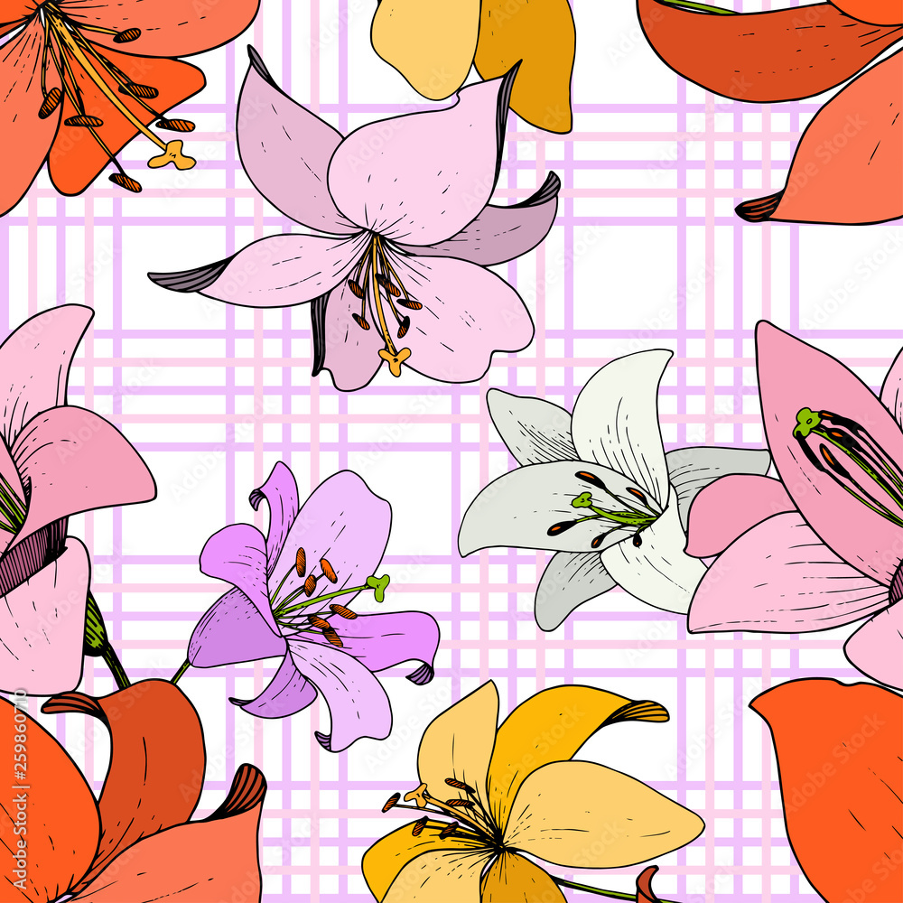 Fototapeta premium Vector Lily Floral botanical flower. Black and white engraved ink art. Seamless background pattern.