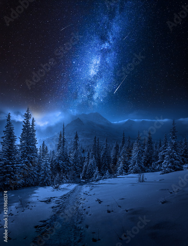 Photography Milky way, Tatras Mountains in winter at night, Poland