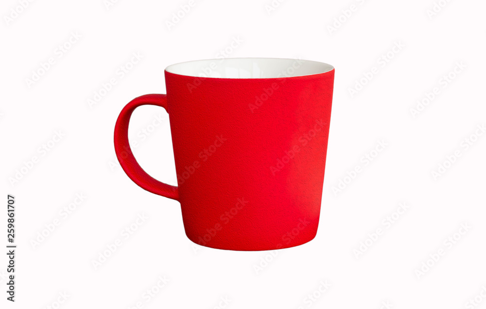 bright red empty ceramic mug with oil paint strokes surface, isolated on white background bright red empty ceramic mug with oil paint strokes surface, isolated on white background