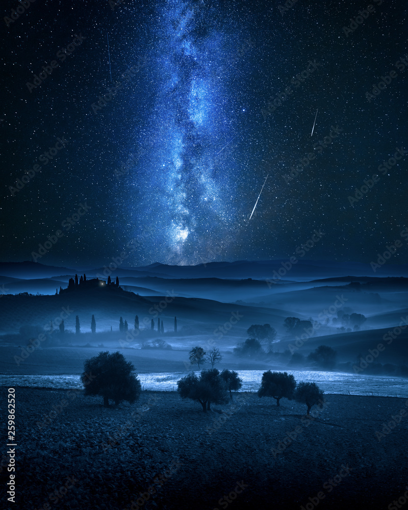 Milky way and falling stars over valley in Italy - obrazy, fototapety, plakaty 