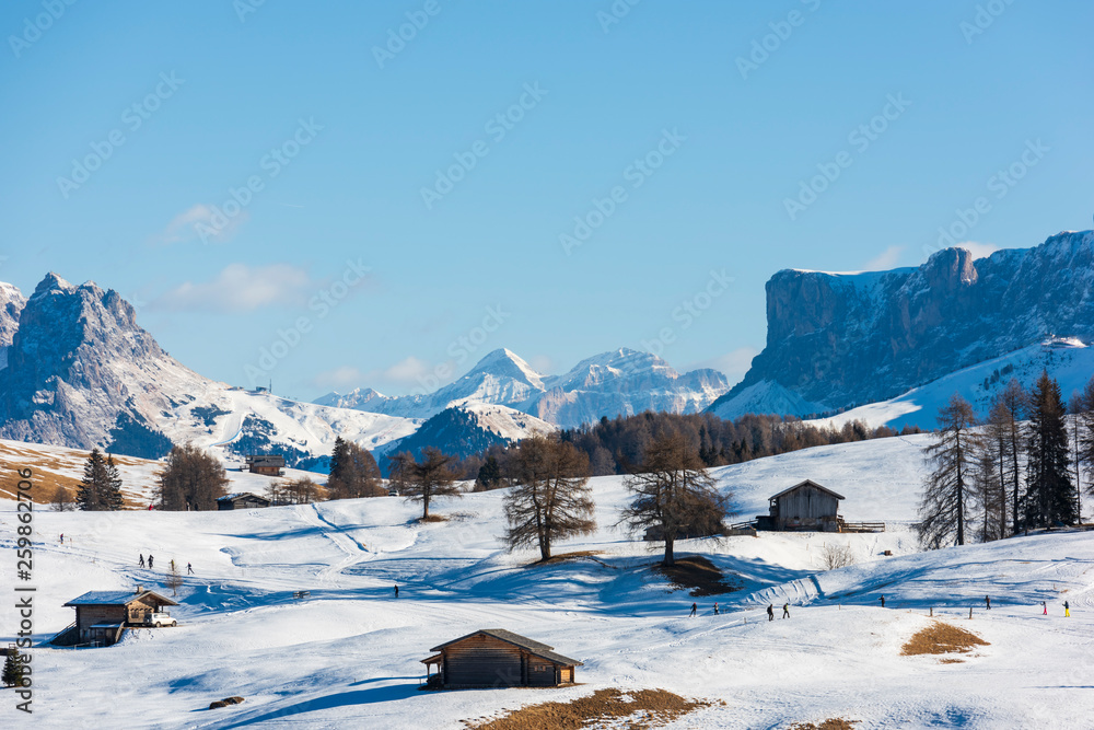Dream atmosphere and views. Winter on the Alpe di Siusi, Dolomites. Italy