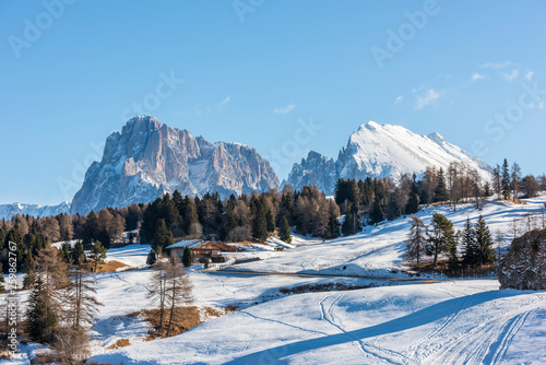 Dream atmosphere and views. Winter on the Alpe di Siusi, Dolomites. Italy