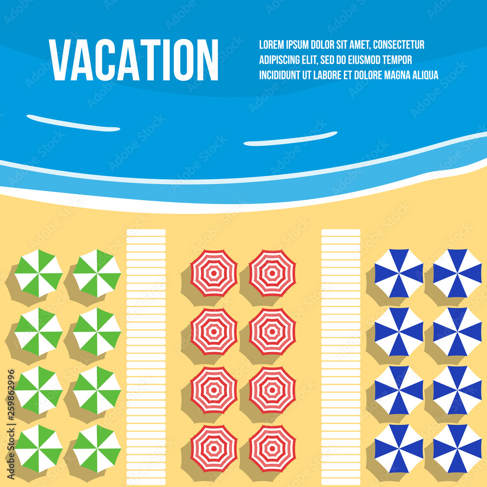 vacation, mediterranean beach with umbrellas and palms aerial view, flat vector illustration