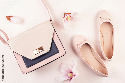 Foto Nude colored ballerina shoes and magnolia flowers.