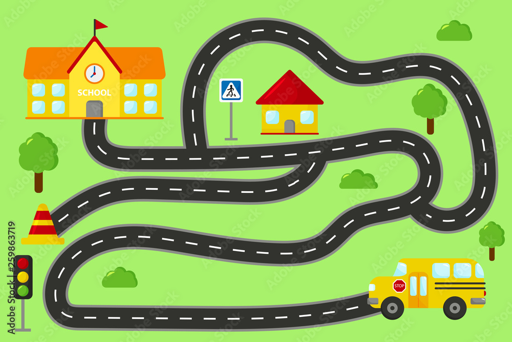 Maze road game for preschool kids. Help the school bus find right path to the school. Activity worksheet for children.