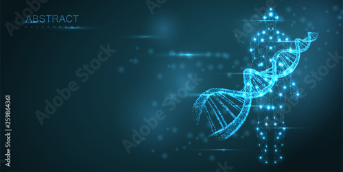 Blue abstract background with luminous DNA molecule, neon helix and human silhouette. photo
