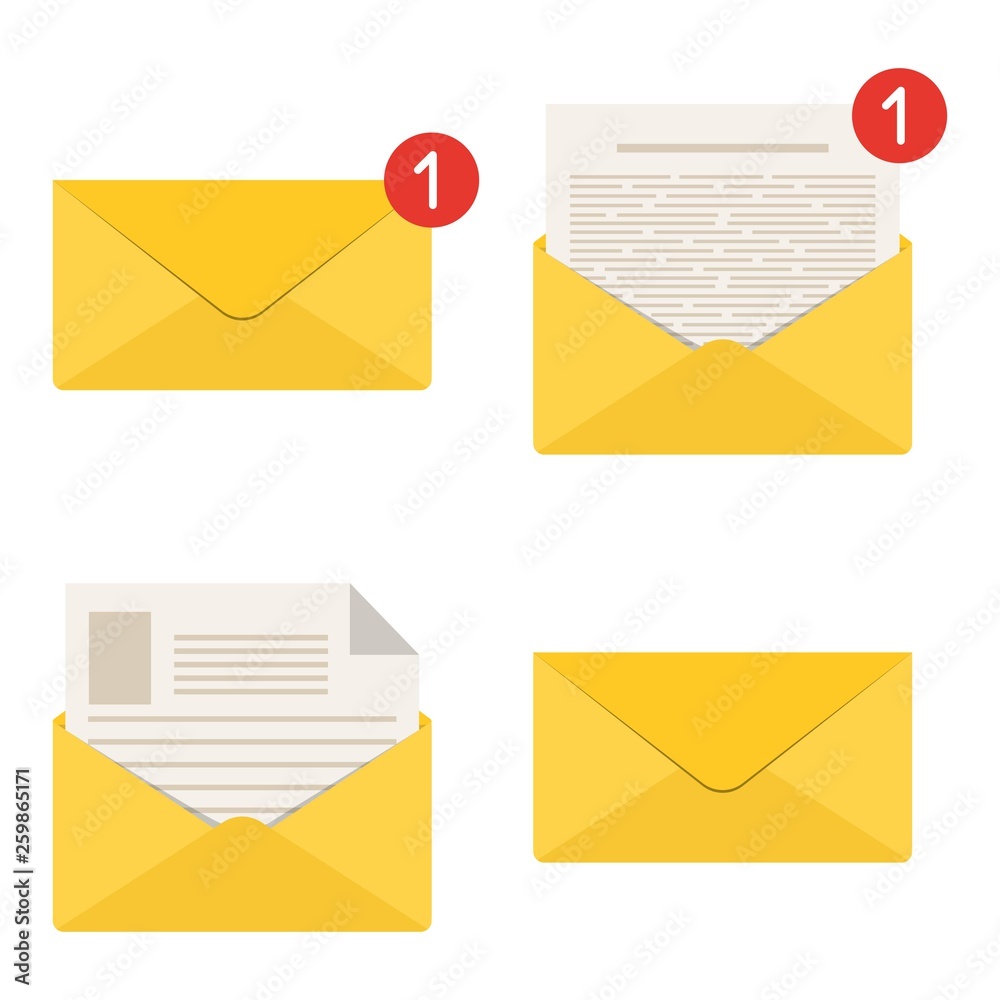 Mail icon set. Envelope sign. One incoming message. New email notification. Open and read message. Mail icon set. Envelope sign. One incoming message. New email notification. Open and read message.