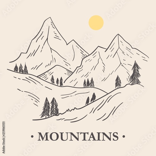 Hand drawn illustration of mountains landscape and pine trees. Sketch in vintage style.