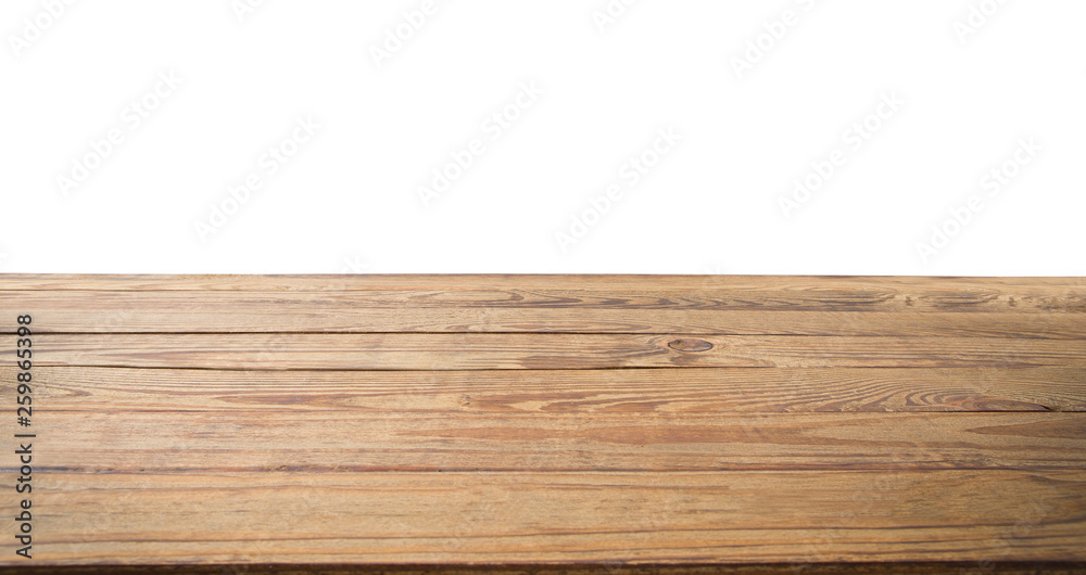 Wooden table texture background isolated on white. Copy space and mock up. Top view and template. Banner Wood floor. Place for food
