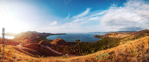 Colorful sunny day panorama at Amelia sunset point, Labuan Bajo, Flores Island, Indonesia. photo