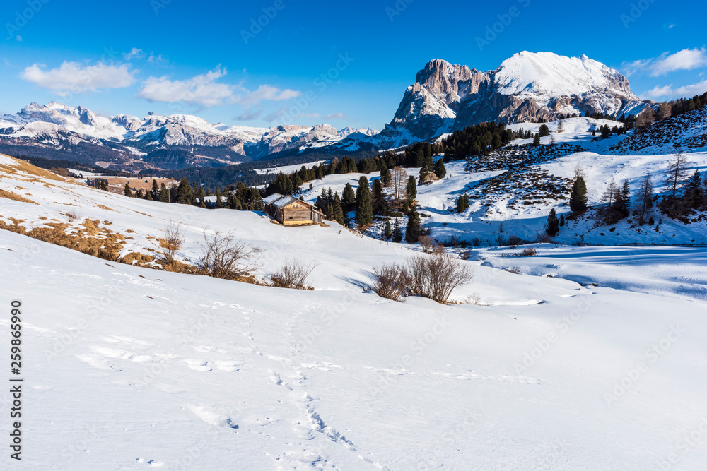 Dream atmosphere and views. Winter on the Alpe di Siusi, Dolomites. Italy