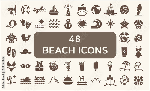Set of 48 Ocean and Beach Vector Icons solid style. Contains such Icons as beach ball, seaside, ocean, swimsuit, bikini, lighthouse, swimming goggles, turtle And Other Elements. 