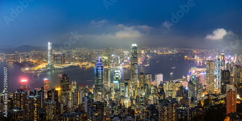 Panorama view of Hong Kong skyline on the evening seen from Victoria peak  Hong Kong  China.