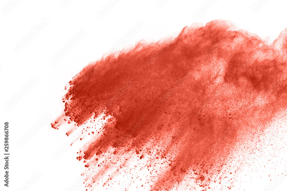 Living coral powder explosion on white background. Colored cloud. Colorful dust explode. Paint Holi.