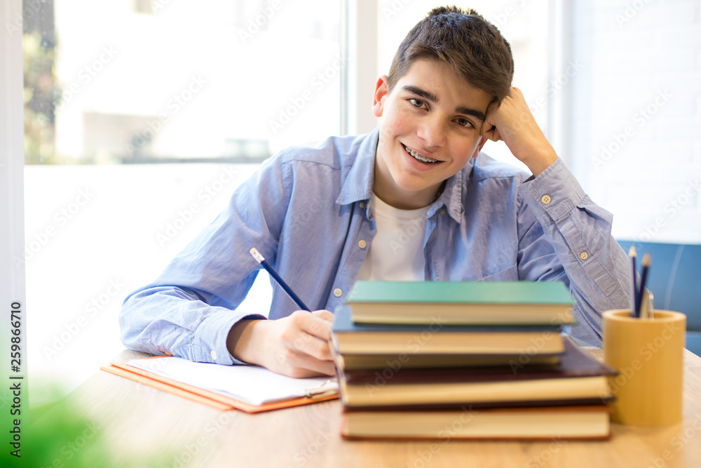 teen smiling student on the desk with books - obrazy, fototapety, plakaty 