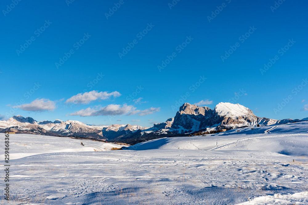 Obraz premium Last lights on the Sassolungo. Alpe di Siusi, Dolomites. Italy