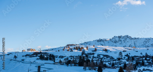 Last lights on the Sassolungo. Alpe di Siusi, Dolomites. Italy