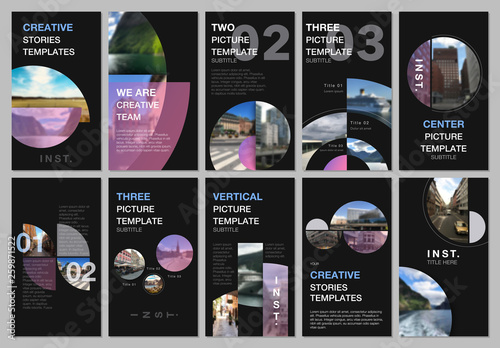 Creative social networks stories design, vertical banner or flyer templates with with circle elements, round shapes. Covers design templates for flyer, leaflet, brochure, presentation, advertising.