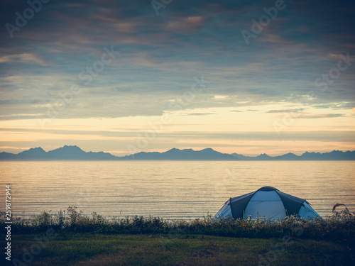 Tent on beach, Lofoten islands, Norway