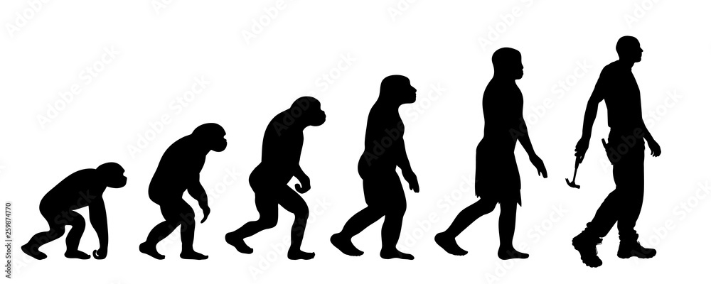 Theory of evolution of man. Vector silhouette of homo sapiens. Symbol from monkey to worker. Theory of evolution of man. Vector silhouette of homo sapiens. Symbol from monkey to worker.
