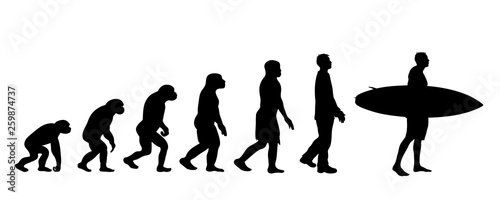 Theory of evolution of man. Vector silhouette of homo sapiens. Symbol from monkey to surfer.