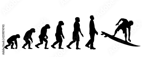 Theory of evolution of man. Vector silhouette of homo sapiens. Symbol from monkey to surfer.