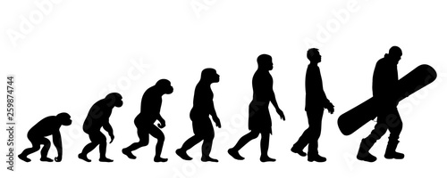 Theory of evolution of man. Vector silhouette of homo sapiens. Symbol from monkey to snowboarder.