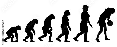 Theory of evolution of woman. Vector silhouette of homo sapiens. Symbol from monkey to basketball player.