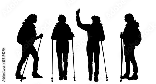 Vector silhouette of woman who sport with nordic walking on white background.