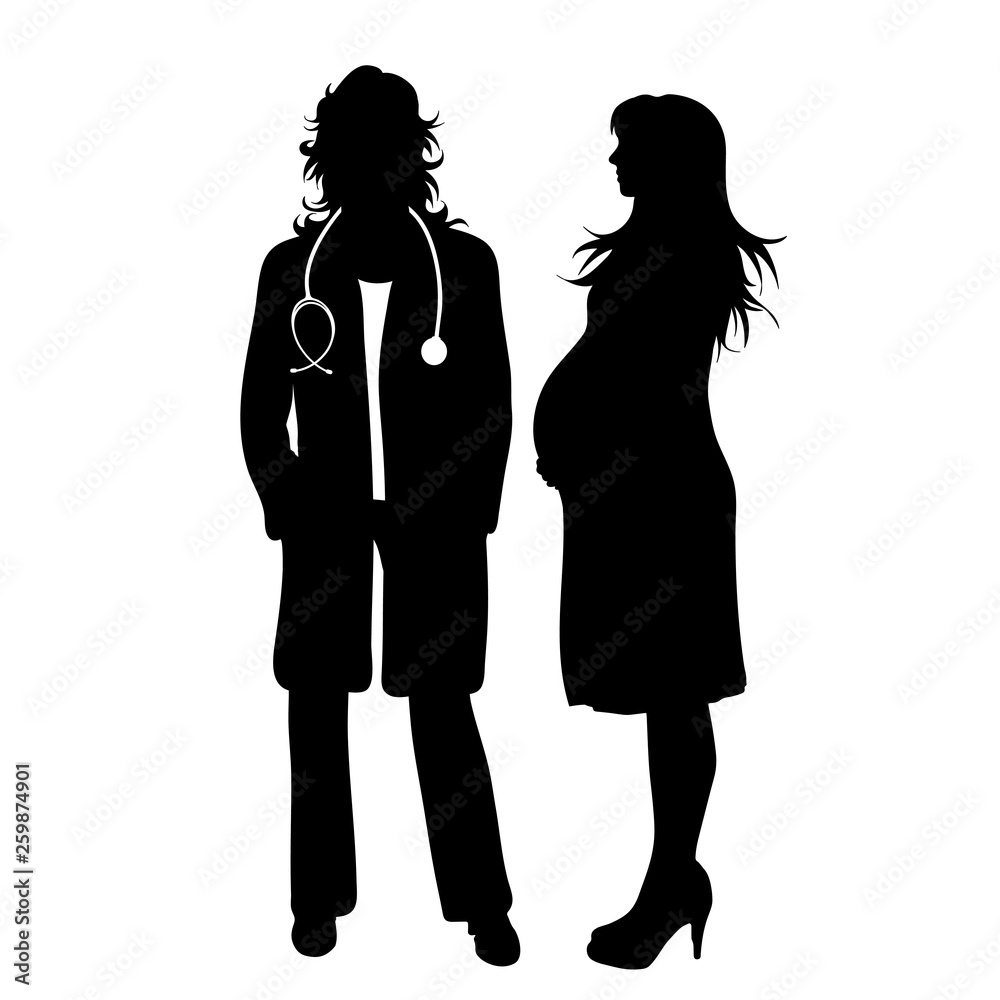 Vector silhouette of doctor gynecologist with patient on white background. Symbol of healthy and hospital. Pregnant woman.