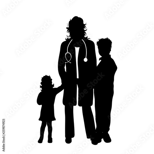 Vector silhouette of pediatrician doctor with childen´s patient on white background. Symbol of healthy and hospital.
